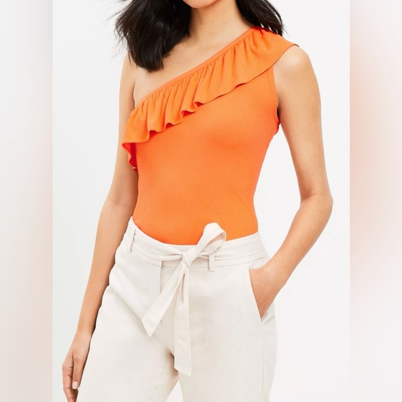 Loft Ruffle Ribbed One Shoulder Tank Top Sz M Orange - Picture 1 of 10